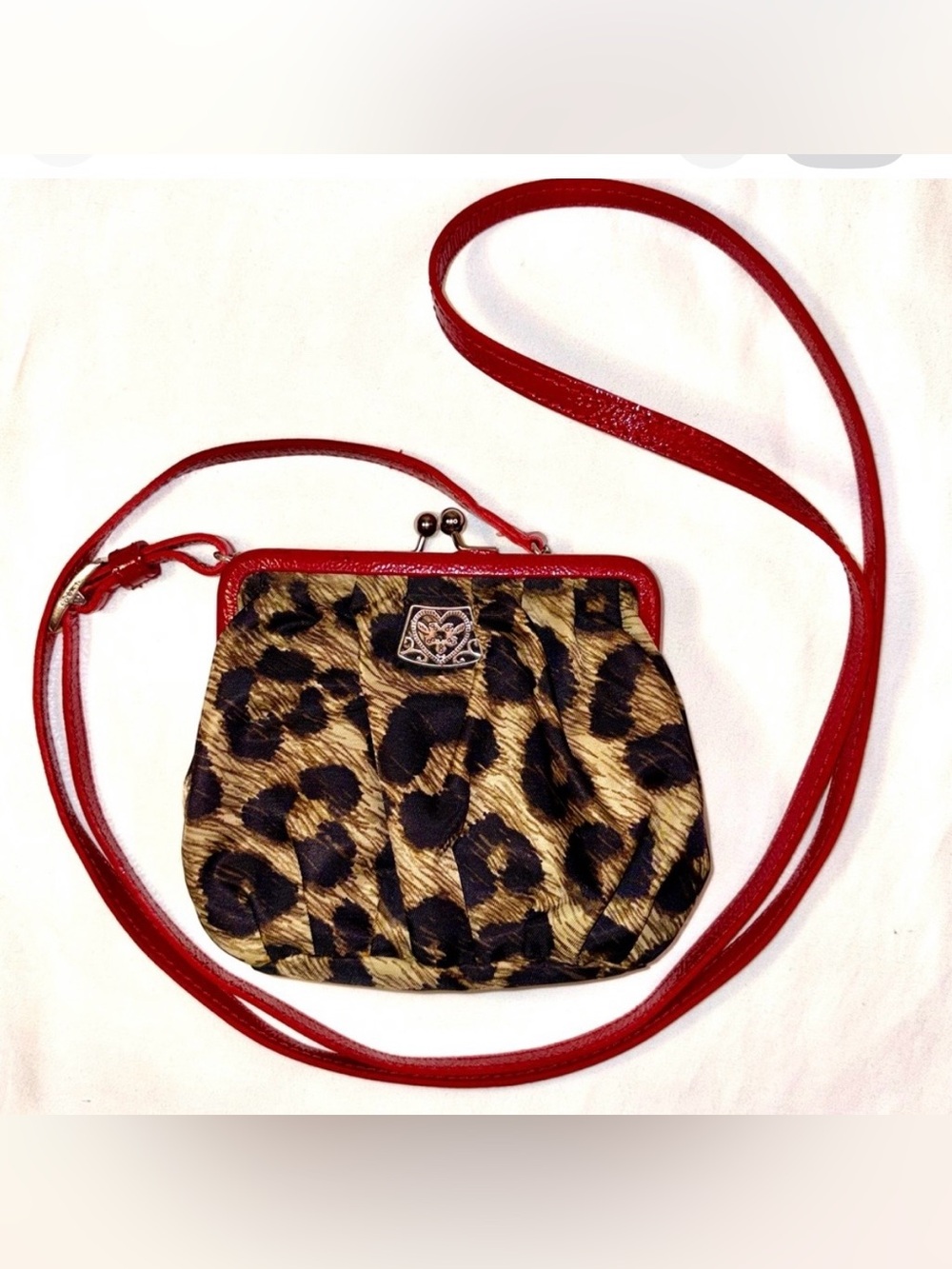 Brighton Leopard Satin Kiss Lock Mini Crossbody Red Patent Leather Y2K